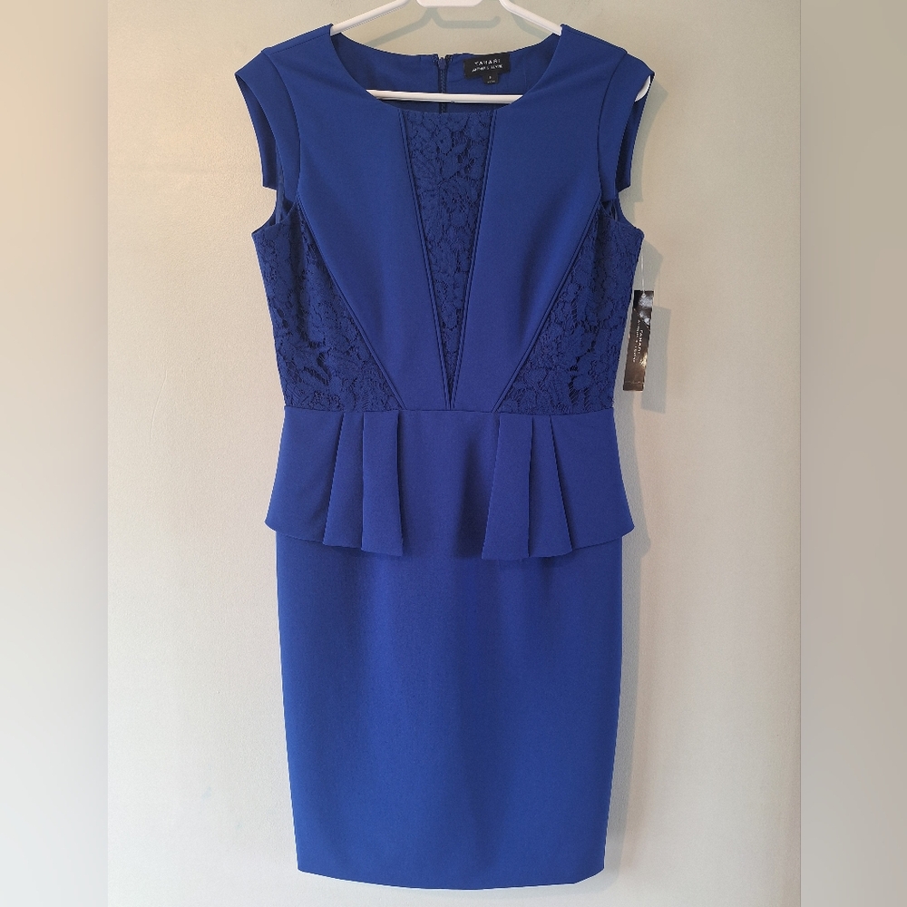 Tahari Cobalt Blue Lace Peplum Sheath Dress
